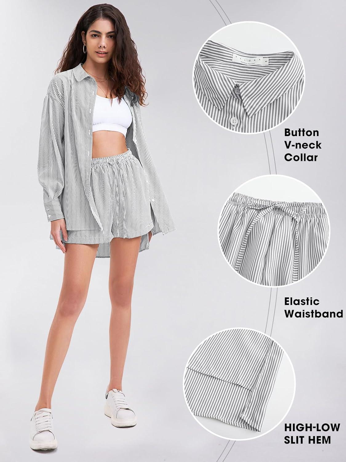 imageEXLURA Womens Summer 2 Piece Sets Long Sleeve Button Down Shirts Matching Short Sets Beach Vacation Cruise Outfits 2025Black