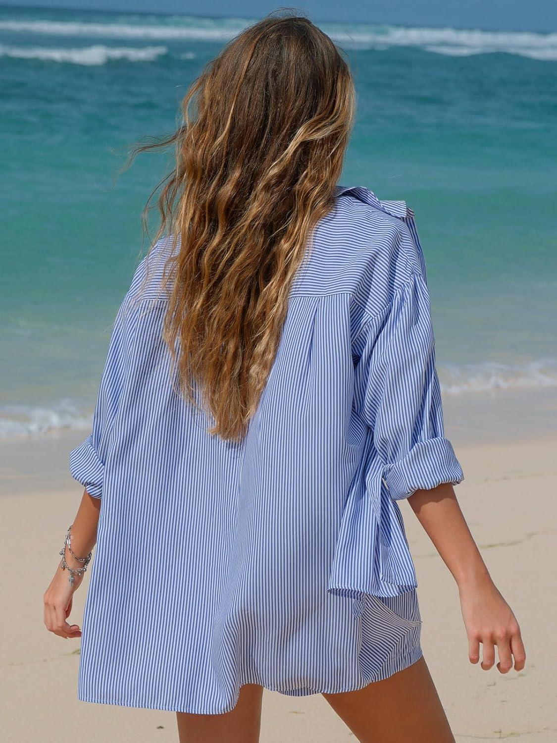 imageEXLURA Womens Summer 2 Piece Sets Long Sleeve Button Down Shirts Matching Short Sets Beach Vacation Cruise Outfits 2025Blue