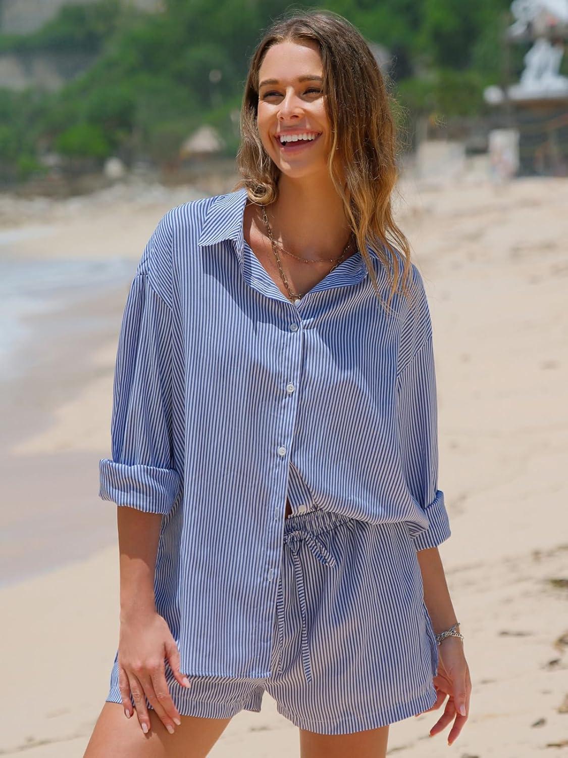 imageEXLURA Womens Summer 2 Piece Sets Long Sleeve Button Down Shirts Matching Short Sets Beach Vacation Cruise Outfits 2025Blue