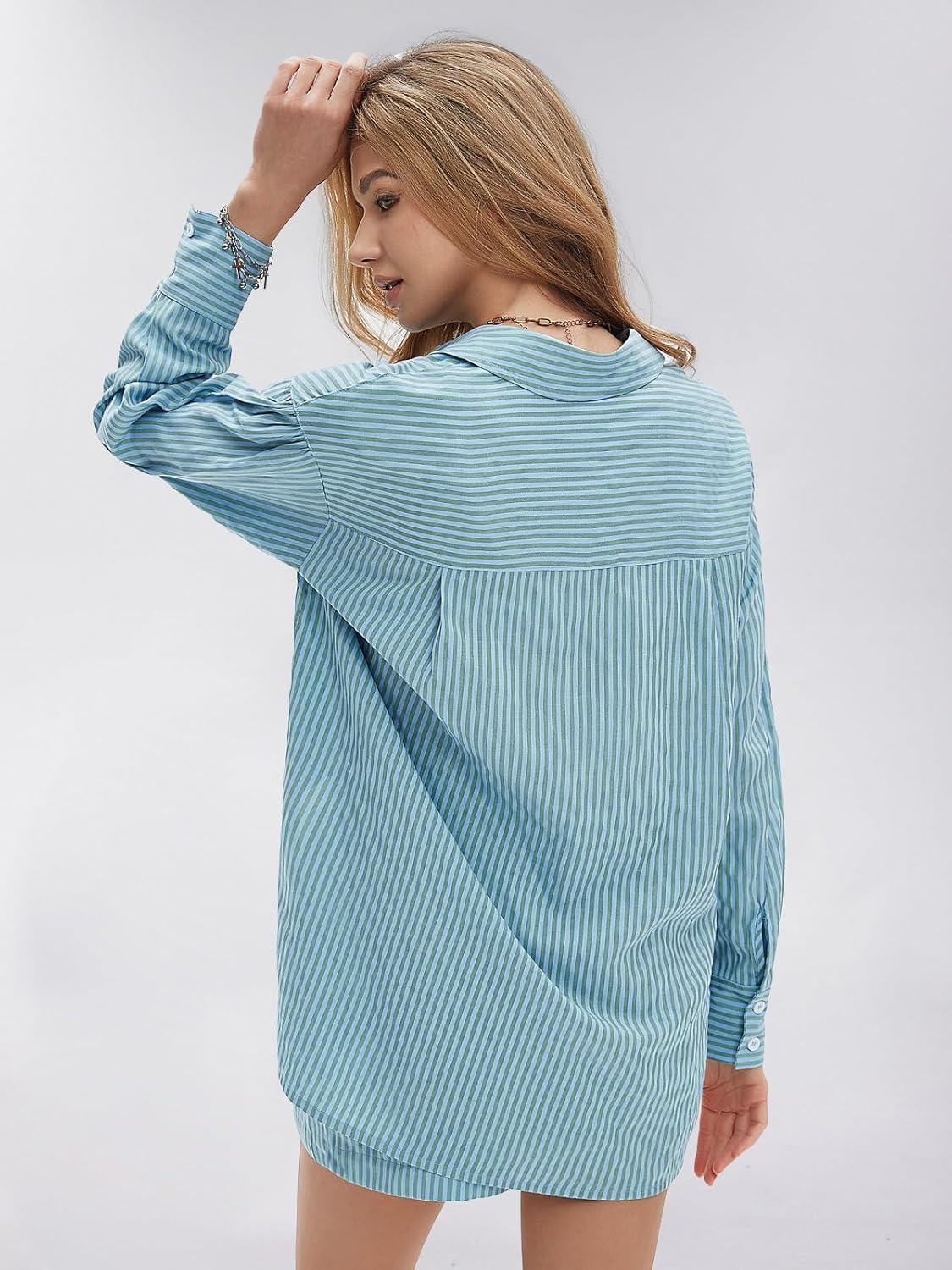 imageEXLURA Womens Summer 2 Piece Sets Long Sleeve Button Down Shirts Matching Short Sets Beach Vacation Cruise Outfits 2025Blue Green