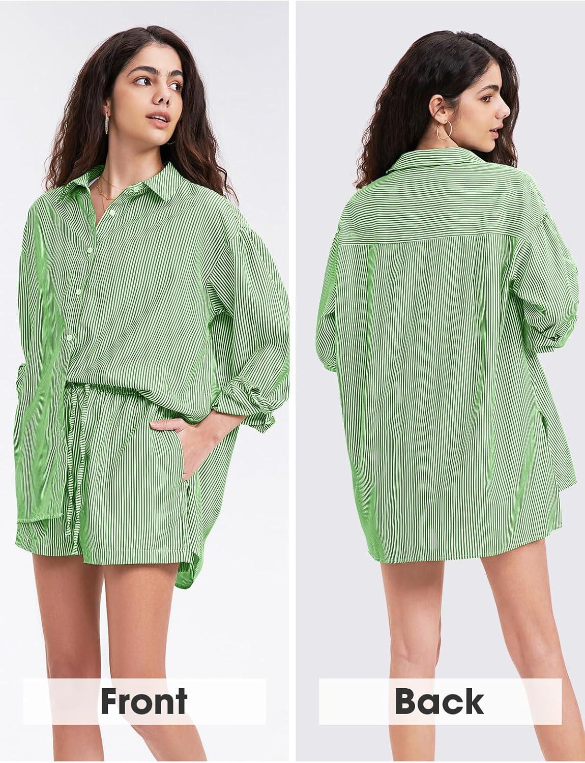 imageEXLURA Womens Summer 2 Piece Sets Long Sleeve Button Down Shirts Matching Short Sets Beach Vacation Cruise Outfits 2025Dark Green