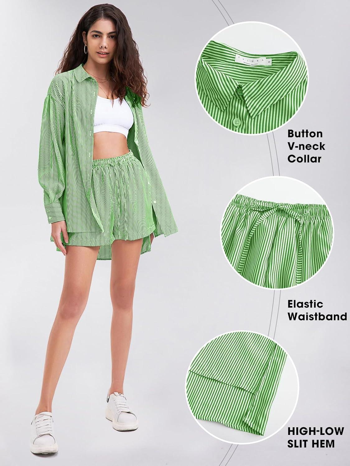 imageEXLURA Womens Summer 2 Piece Sets Long Sleeve Button Down Shirts Matching Short Sets Beach Vacation Cruise Outfits 2025Dark Green