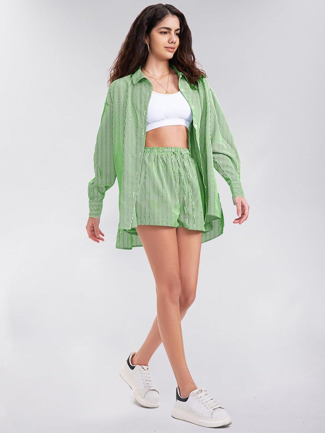 imageEXLURA Womens Summer 2 Piece Sets Long Sleeve Button Down Shirts Matching Short Sets Beach Vacation Cruise Outfits 2025Dark Green