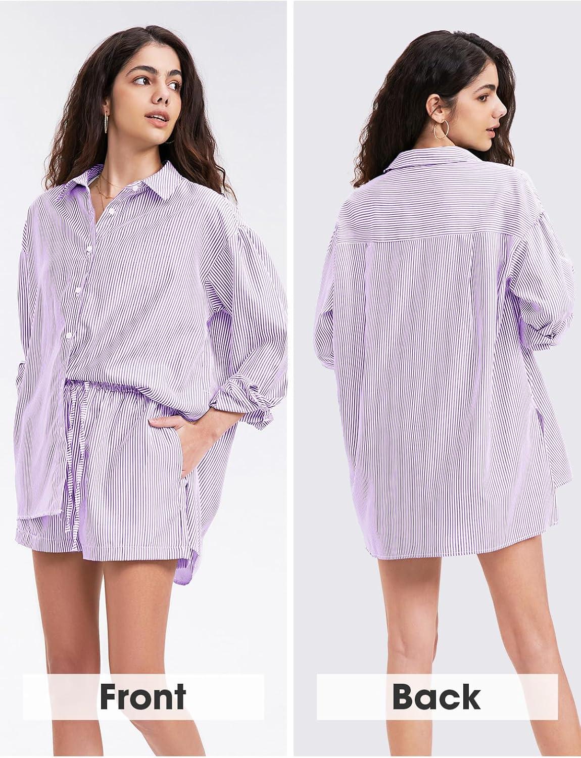 imageEXLURA Womens Summer 2 Piece Sets Long Sleeve Button Down Shirts Matching Short Sets Beach Vacation Cruise Outfits 2025Dark Purple
