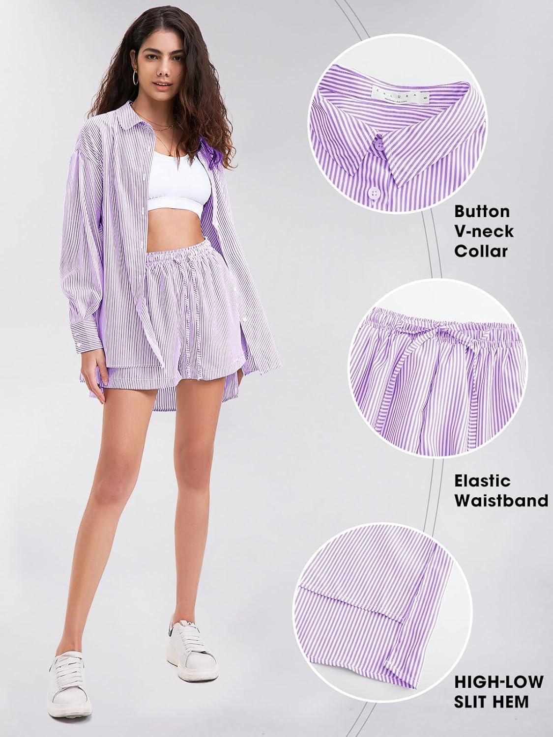 imageEXLURA Womens Summer 2 Piece Sets Long Sleeve Button Down Shirts Matching Short Sets Beach Vacation Cruise Outfits 2025Dark Purple