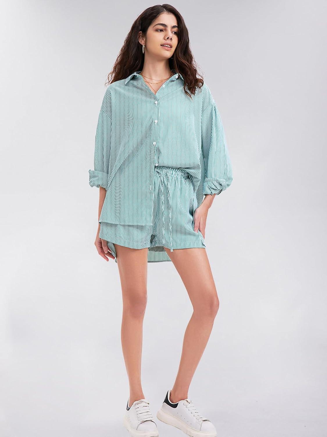imageEXLURA Womens Summer 2 Piece Sets Long Sleeve Button Down Shirts Matching Short Sets Beach Vacation Cruise Outfits 2025Green