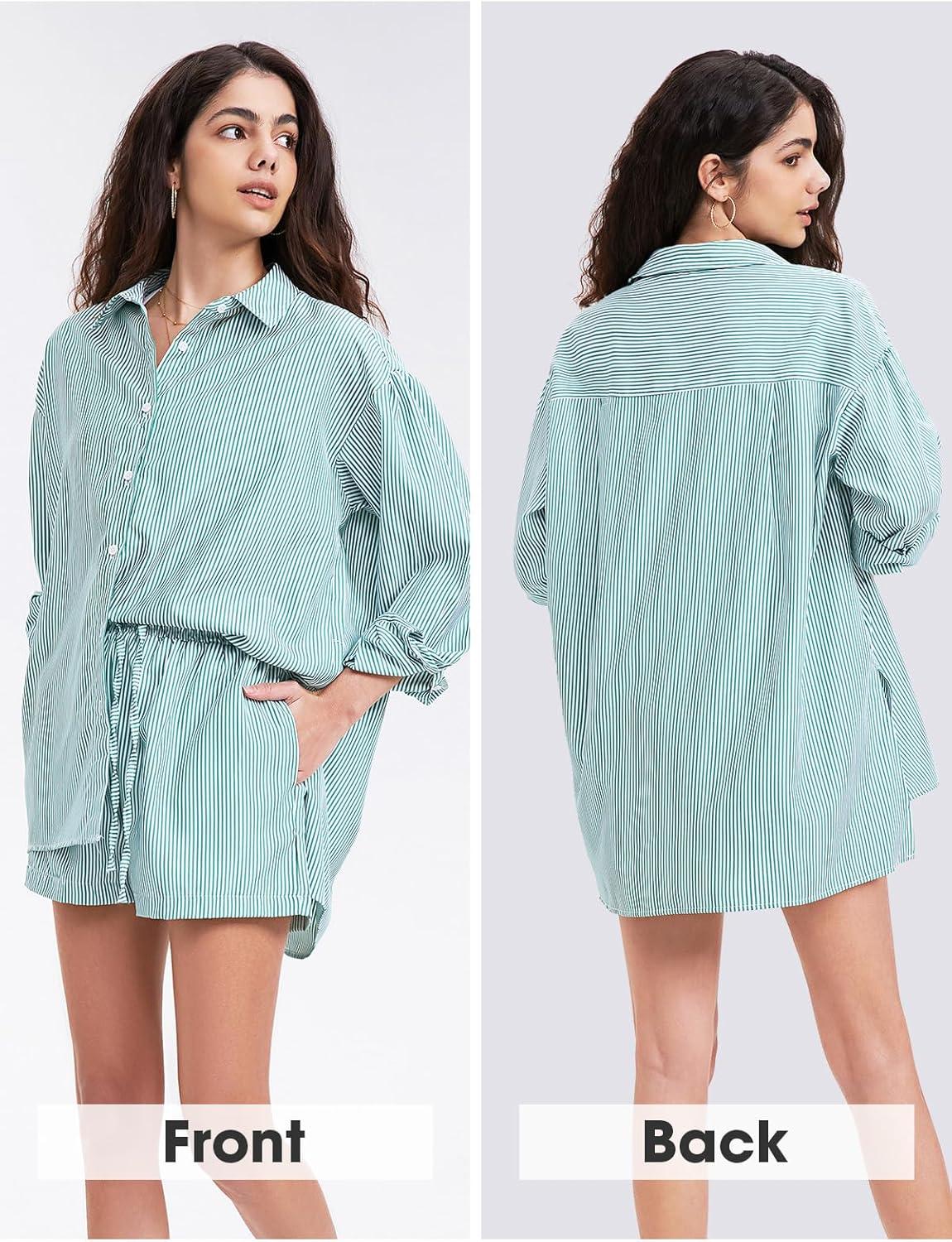 imageEXLURA Womens Summer 2 Piece Sets Long Sleeve Button Down Shirts Matching Short Sets Beach Vacation Cruise Outfits 2025Green