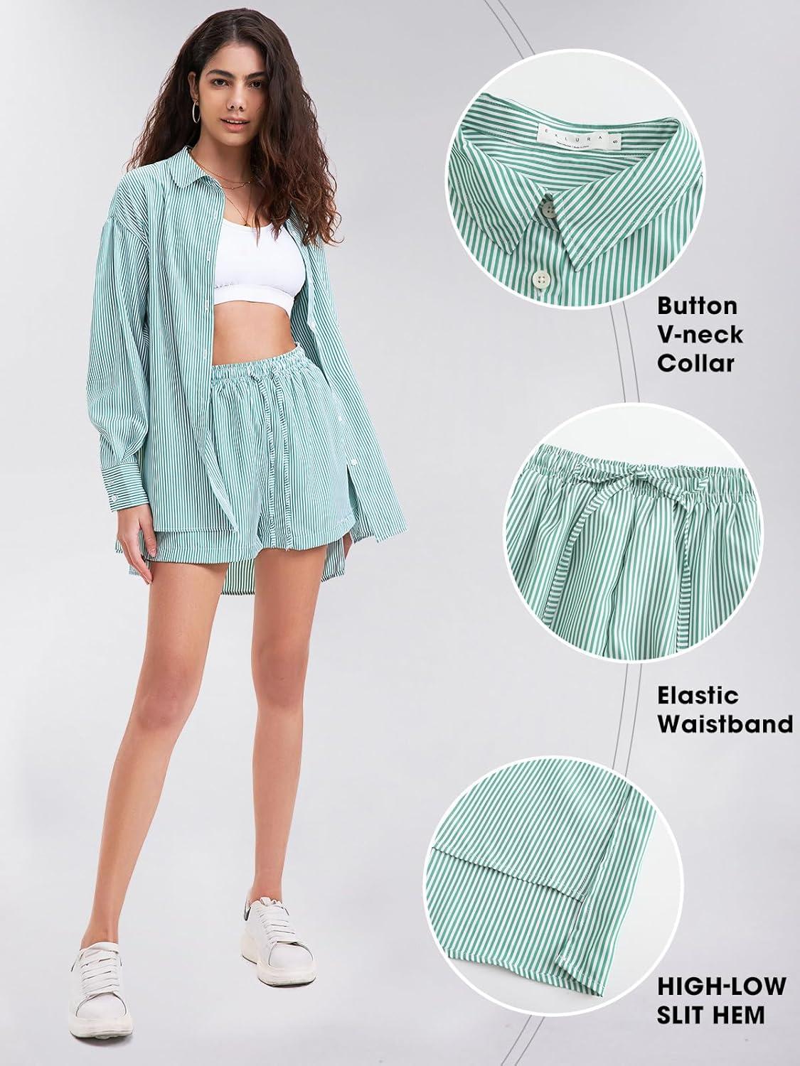 imageEXLURA Womens Summer 2 Piece Sets Long Sleeve Button Down Shirts Matching Short Sets Beach Vacation Cruise Outfits 2025Green