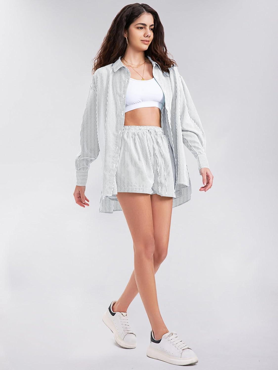 imageEXLURA Womens Summer 2 Piece Sets Long Sleeve Button Down Shirts Matching Short Sets Beach Vacation Cruise Outfits 2025Grey