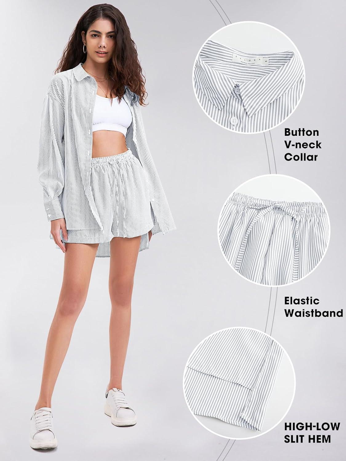 imageEXLURA Womens Summer 2 Piece Sets Long Sleeve Button Down Shirts Matching Short Sets Beach Vacation Cruise Outfits 2025Grey