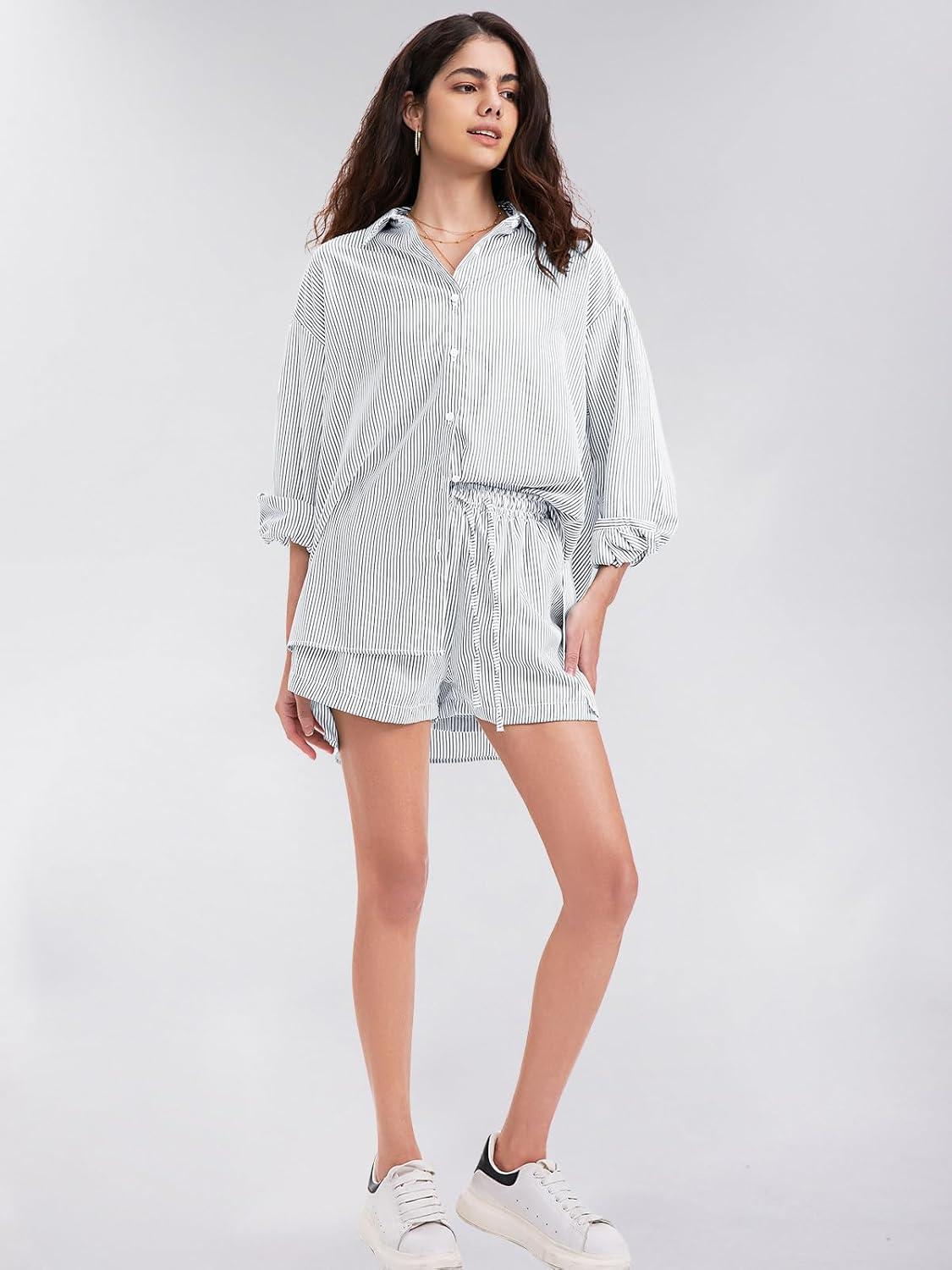 imageEXLURA Womens Summer 2 Piece Sets Long Sleeve Button Down Shirts Matching Short Sets Beach Vacation Cruise Outfits 2025Grey
