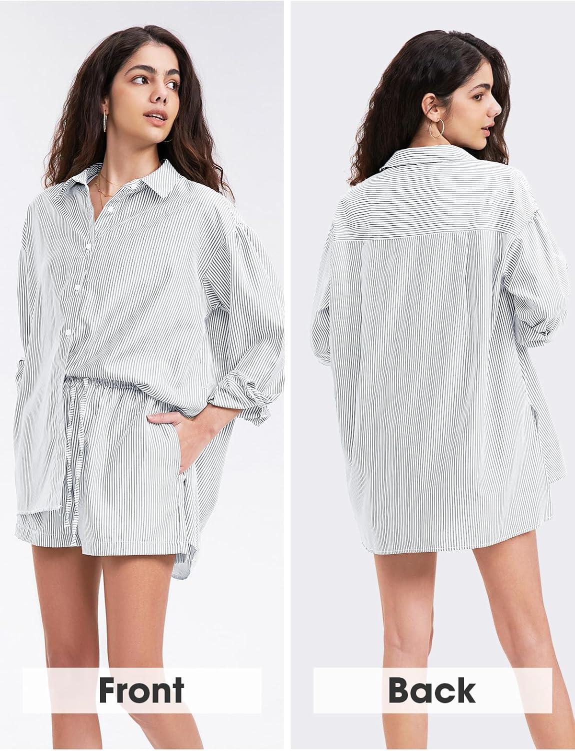 imageEXLURA Womens Summer 2 Piece Sets Long Sleeve Button Down Shirts Matching Short Sets Beach Vacation Cruise Outfits 2025Grey