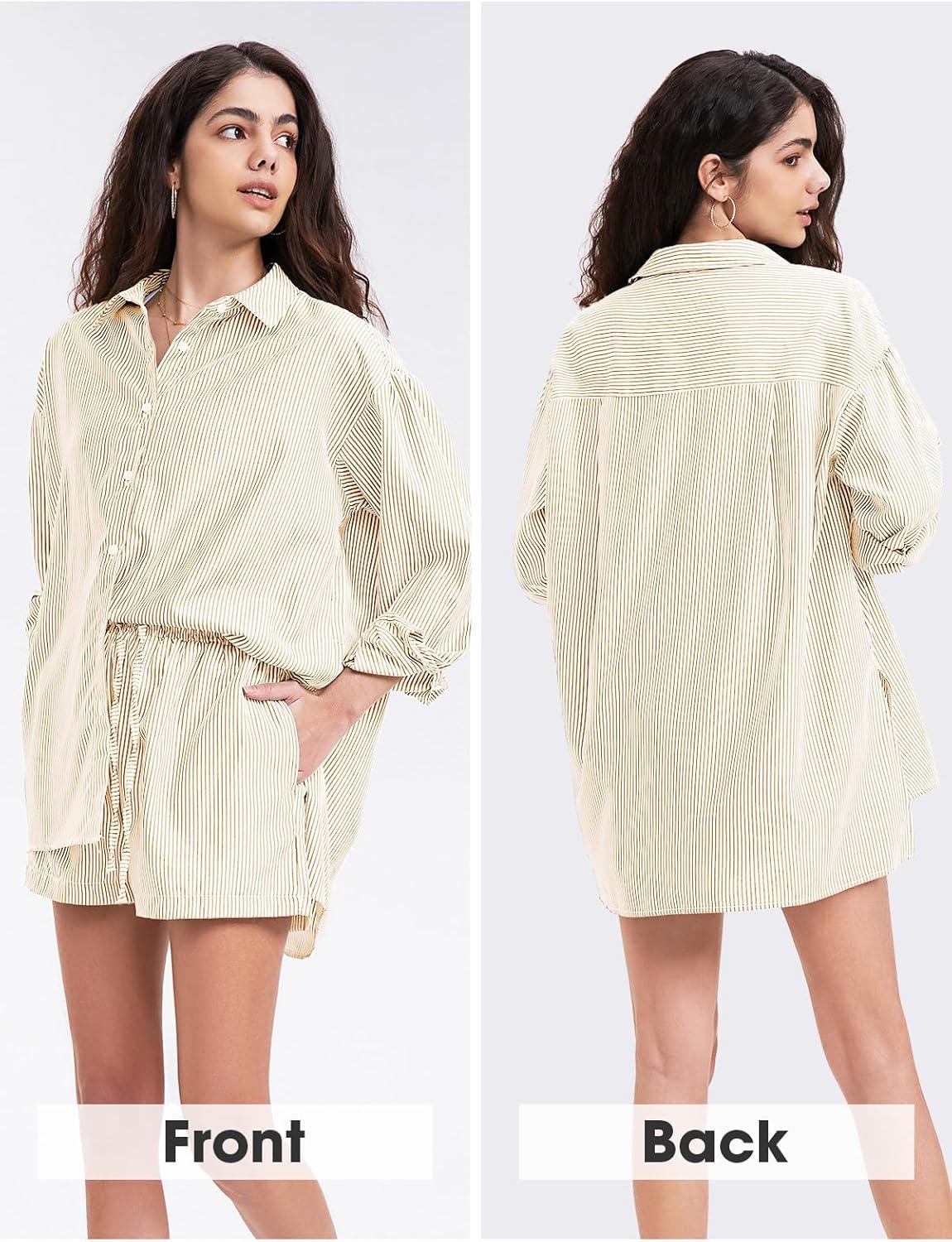 imageEXLURA Womens Summer 2 Piece Sets Long Sleeve Button Down Shirts Matching Short Sets Beach Vacation Cruise Outfits 2025Khaki