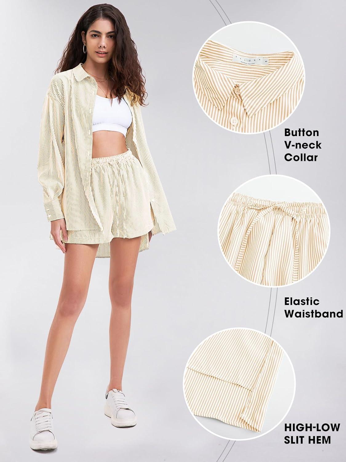 imageEXLURA Womens Summer 2 Piece Sets Long Sleeve Button Down Shirts Matching Short Sets Beach Vacation Cruise Outfits 2025Khaki