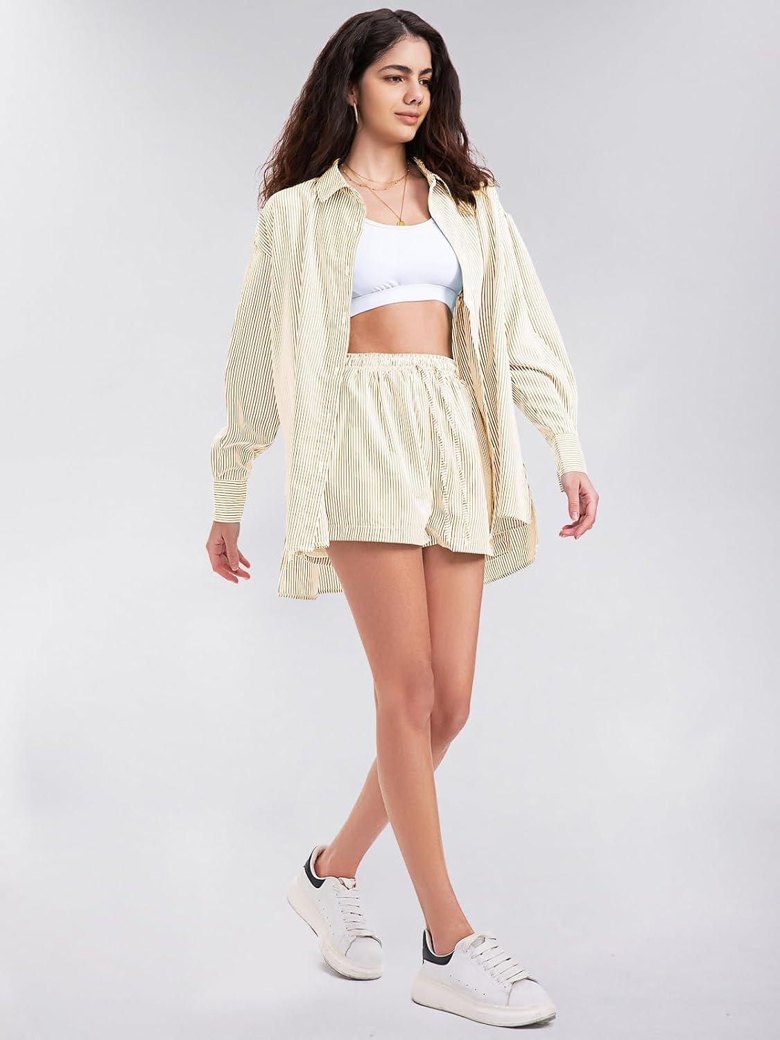 imageEXLURA Womens Summer 2 Piece Sets Long Sleeve Button Down Shirts Matching Short Sets Beach Vacation Cruise Outfits 2025Khaki