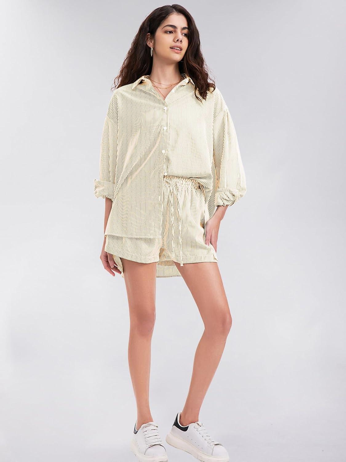 imageEXLURA Womens Summer 2 Piece Sets Long Sleeve Button Down Shirts Matching Short Sets Beach Vacation Cruise Outfits 2025Khaki