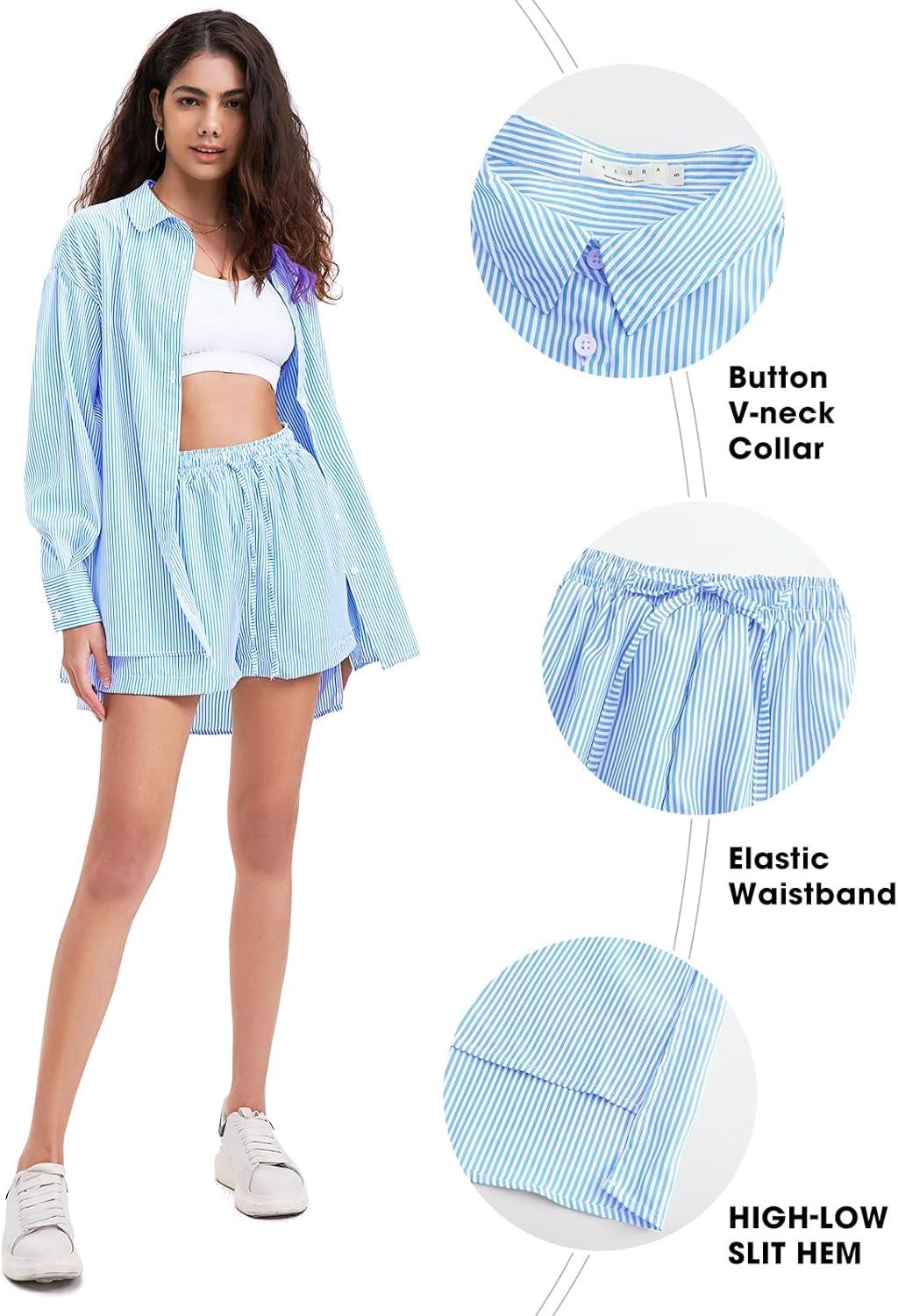 imageEXLURA Womens Summer 2 Piece Sets Long Sleeve Button Down Shirts Matching Short Sets Beach Vacation Cruise Outfits 2025Light Blue