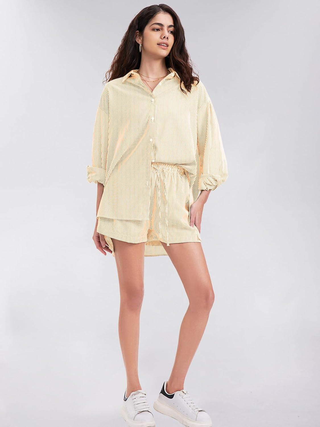 imageEXLURA Womens Summer 2 Piece Sets Long Sleeve Button Down Shirts Matching Short Sets Beach Vacation Cruise Outfits 2025Orange