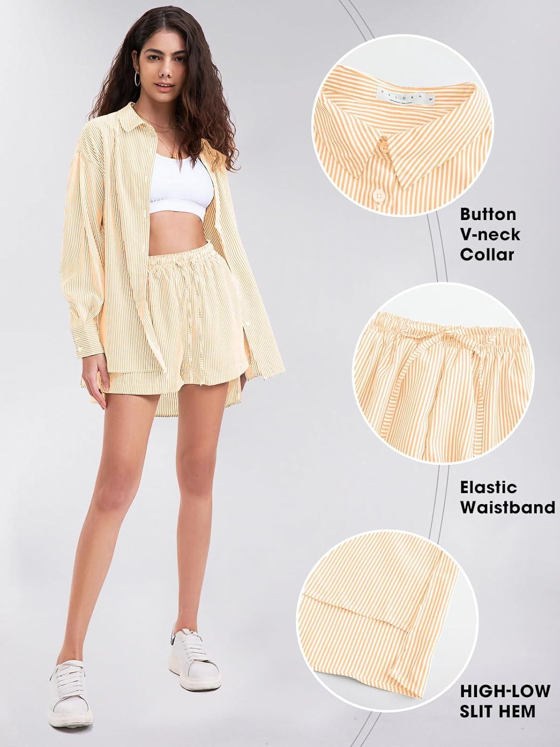 imageEXLURA Womens Summer 2 Piece Sets Long Sleeve Button Down Shirts Matching Short Sets Beach Vacation Cruise Outfits 2025Orange