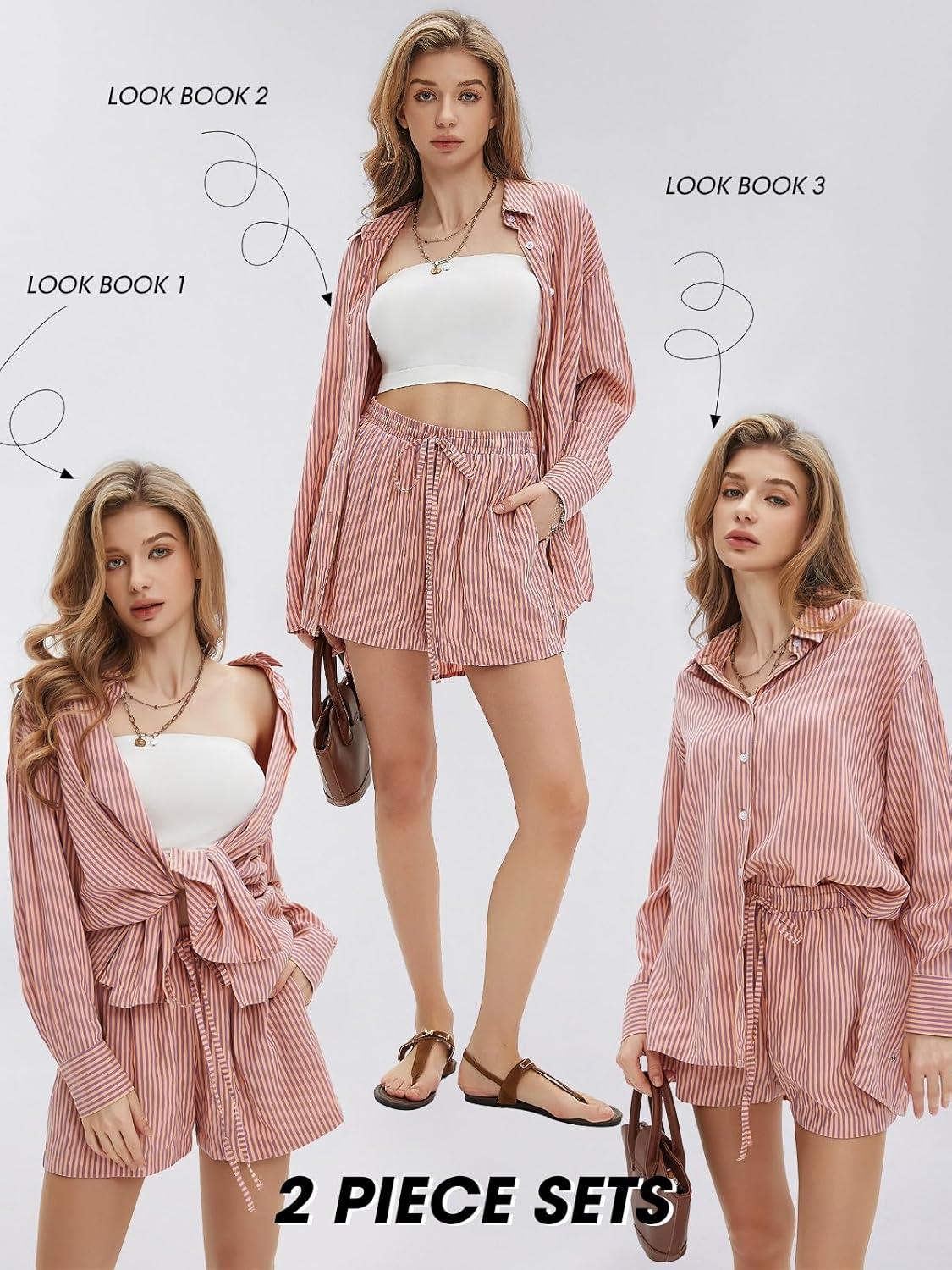 imageEXLURA Womens Summer 2 Piece Sets Long Sleeve Button Down Shirts Matching Short Sets Beach Vacation Cruise Outfits 2025Orange Purple