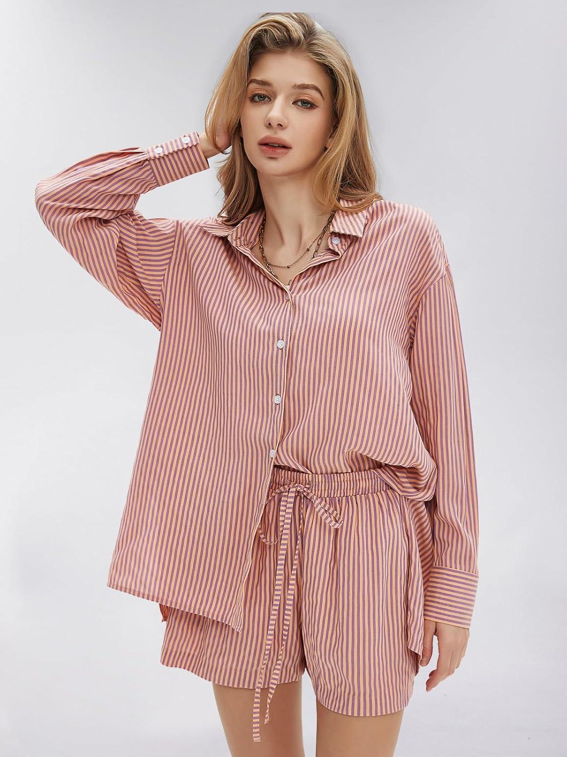 imageEXLURA Womens Summer 2 Piece Sets Long Sleeve Button Down Shirts Matching Short Sets Beach Vacation Cruise Outfits 2025Orange Purple