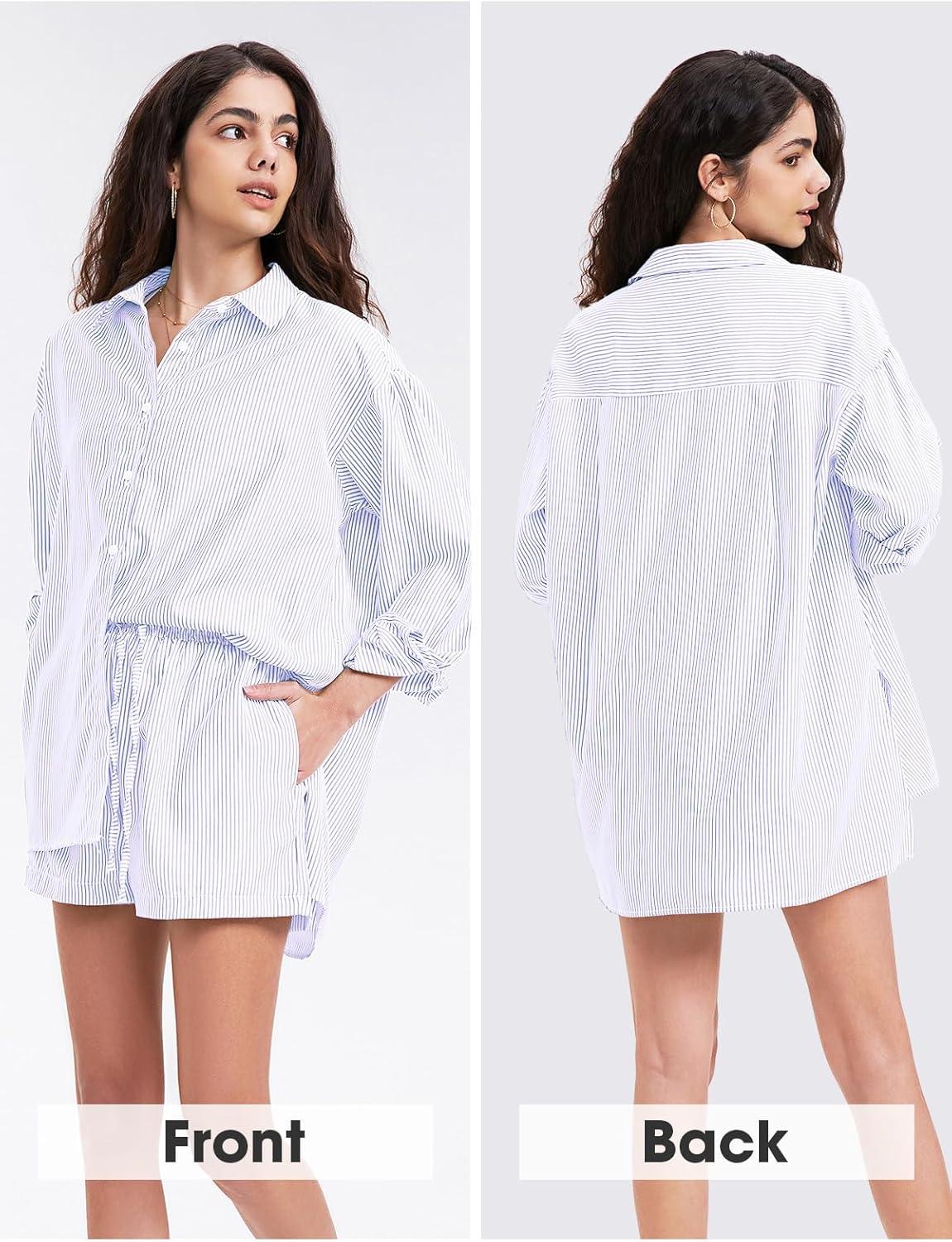 imageEXLURA Womens Summer 2 Piece Sets Long Sleeve Button Down Shirts Matching Short Sets Beach Vacation Cruise Outfits 2025Purple