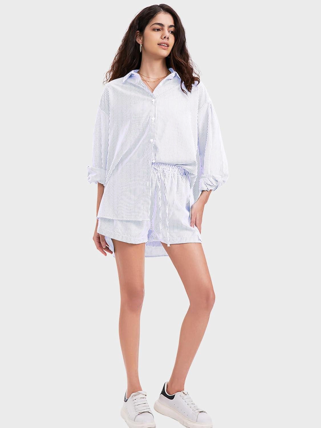 imageEXLURA Womens Summer 2 Piece Sets Long Sleeve Button Down Shirts Matching Short Sets Beach Vacation Cruise Outfits 2025Purple