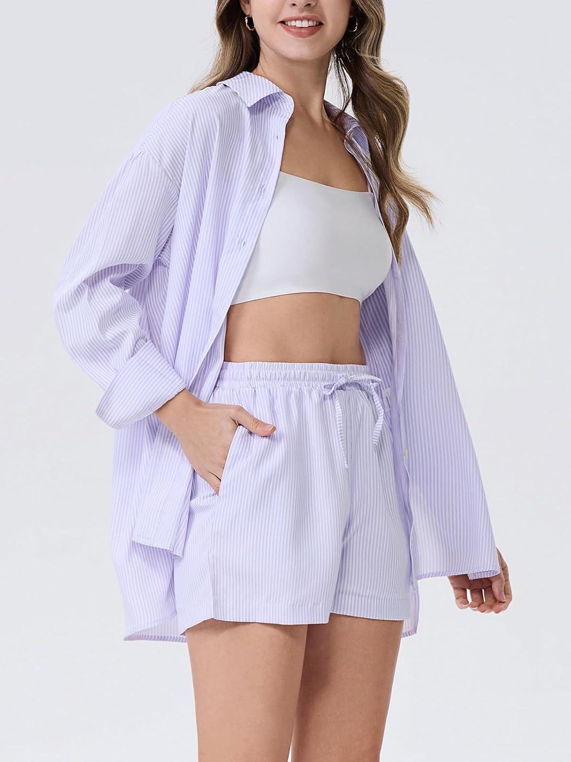 imageEXLURA Womens Summer 2 Piece Sets Long Sleeve Button Down Shirts Matching Short Sets Beach Vacation Cruise Outfits 2025Purple