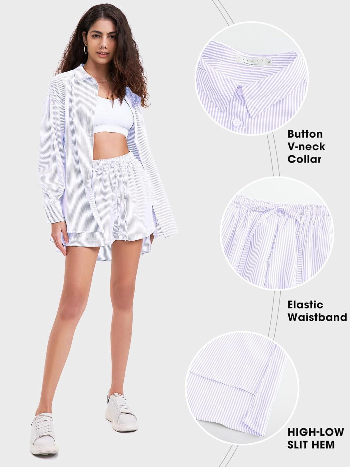 imageEXLURA Womens Summer 2 Piece Sets Long Sleeve Button Down Shirts Matching Short Sets Beach Vacation Cruise Outfits 2025Purple