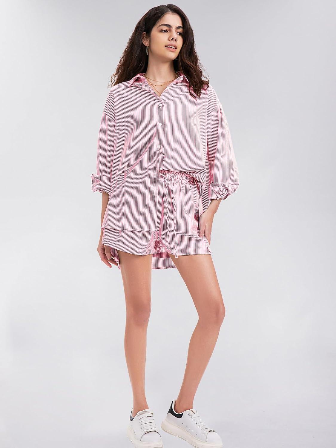 imageEXLURA Womens Summer 2 Piece Sets Long Sleeve Button Down Shirts Matching Short Sets Beach Vacation Cruise Outfits 2025Red