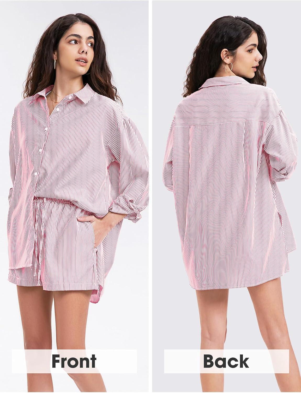 imageEXLURA Womens Summer 2 Piece Sets Long Sleeve Button Down Shirts Matching Short Sets Beach Vacation Cruise Outfits 2025Red