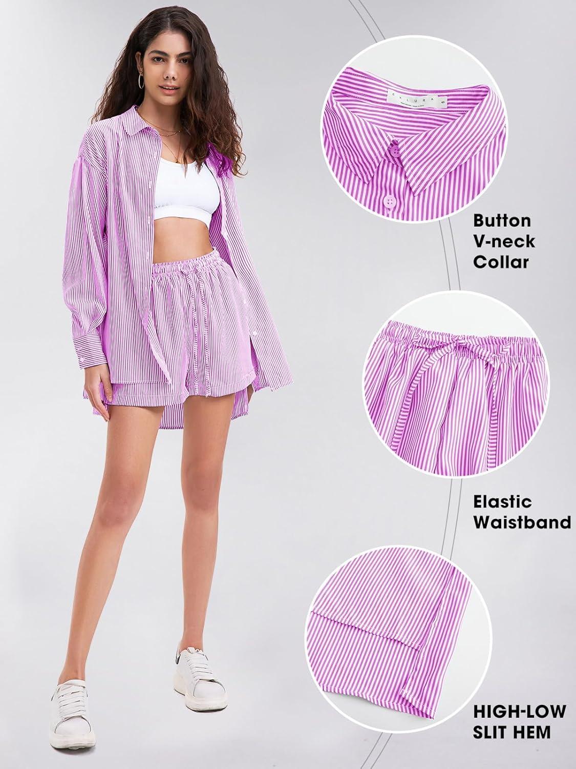 imageEXLURA Womens Summer 2 Piece Sets Long Sleeve Button Down Shirts Matching Short Sets Beach Vacation Cruise Outfits 2025Rose Purple