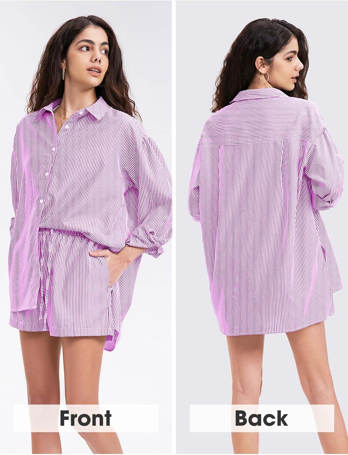 imageEXLURA Womens Summer 2 Piece Sets Long Sleeve Button Down Shirts Matching Short Sets Beach Vacation Cruise Outfits 2025Rose Purple