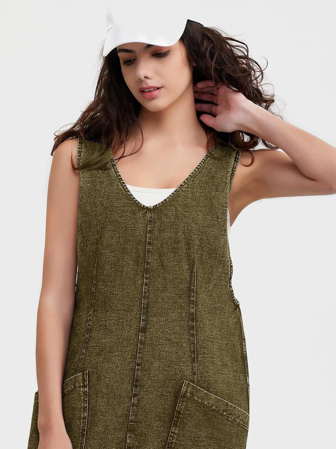 imageEXLURA Womens Summer High Roller Denim Bib Jumpsuits Casual Loose Overalls Baggy Jeans Romper with Pockets 2025 OutfitsArmy Green