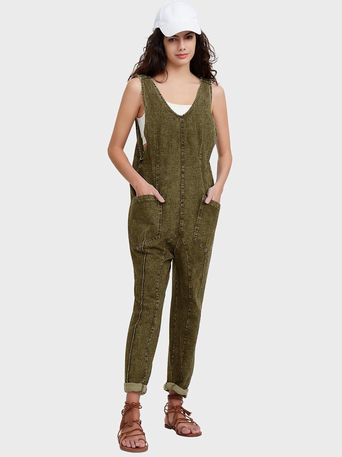 imageEXLURA Womens Summer High Roller Denim Bib Jumpsuits Casual Loose Overalls Baggy Jeans Romper with Pockets 2025 OutfitsArmy Green