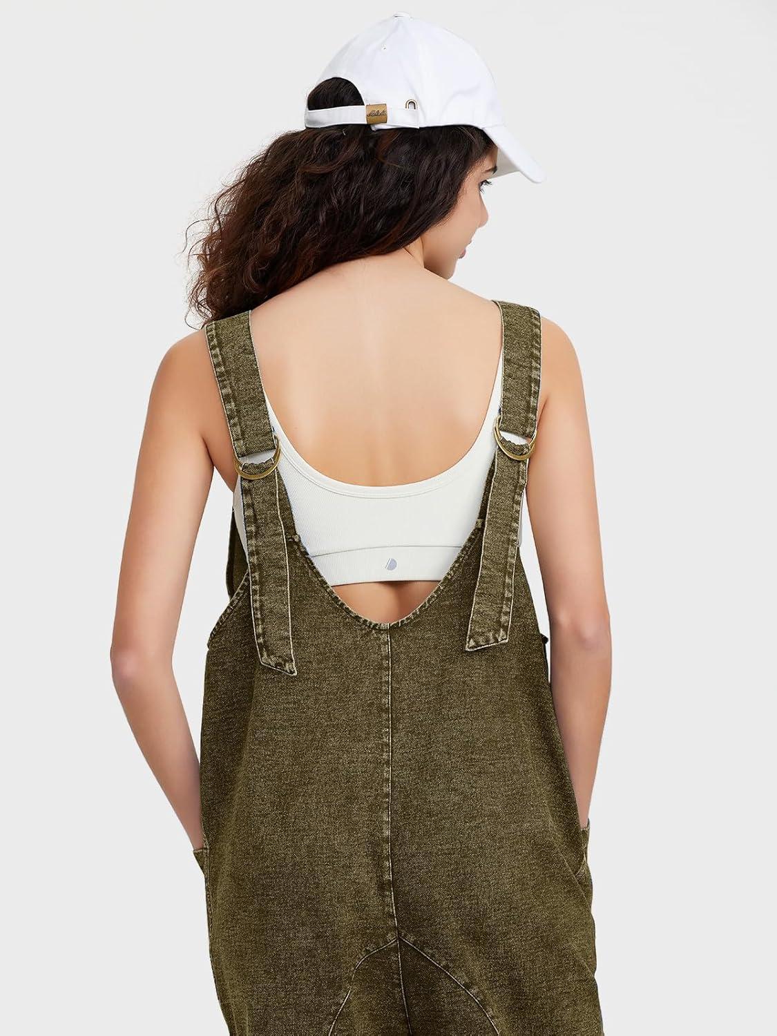 imageEXLURA Womens Summer High Roller Denim Bib Jumpsuits Casual Loose Overalls Baggy Jeans Romper with Pockets 2025 OutfitsArmy Green