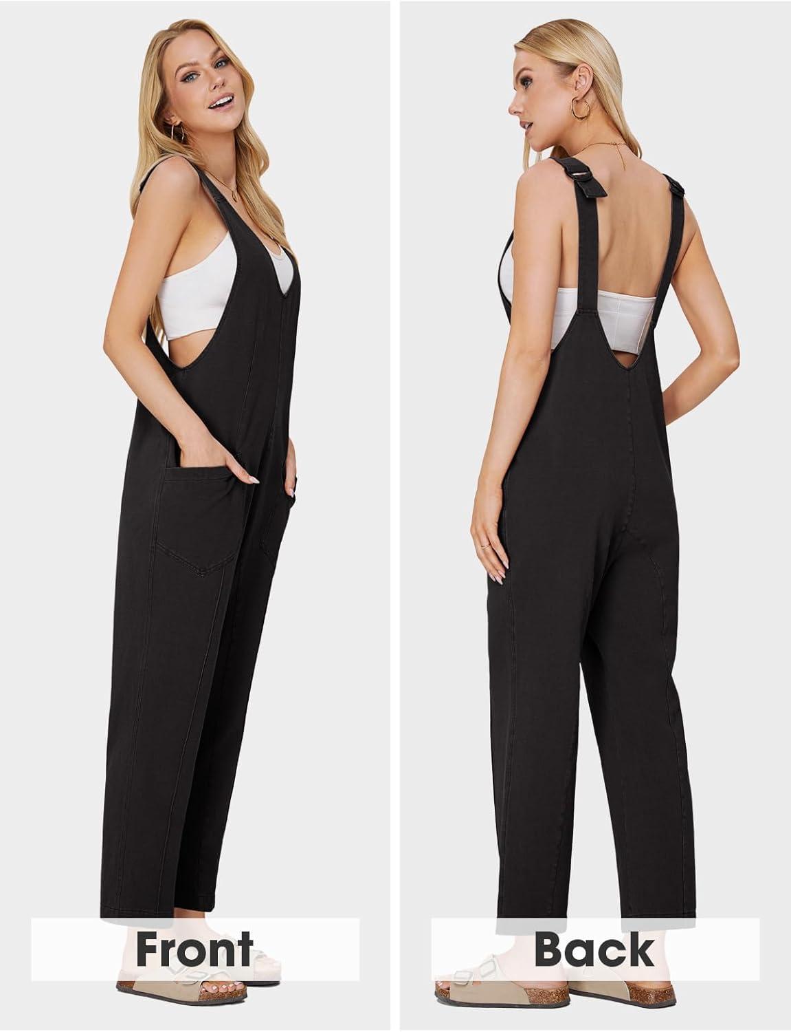 imageEXLURA Womens Summer High Roller Denim Bib Jumpsuits Casual Loose Overalls Baggy Jeans Romper with Pockets 2025 OutfitsBlack