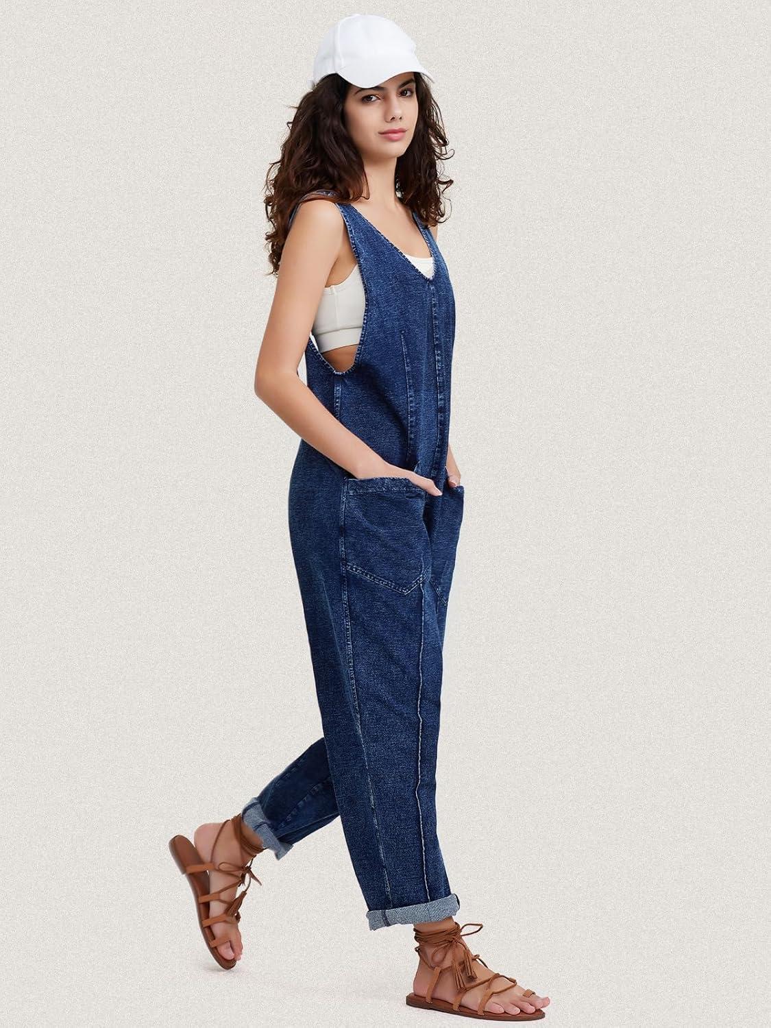 imageEXLURA Womens Summer High Roller Denim Bib Jumpsuits Casual Loose Overalls Baggy Jeans Romper with Pockets 2025 OutfitsDenim Blue