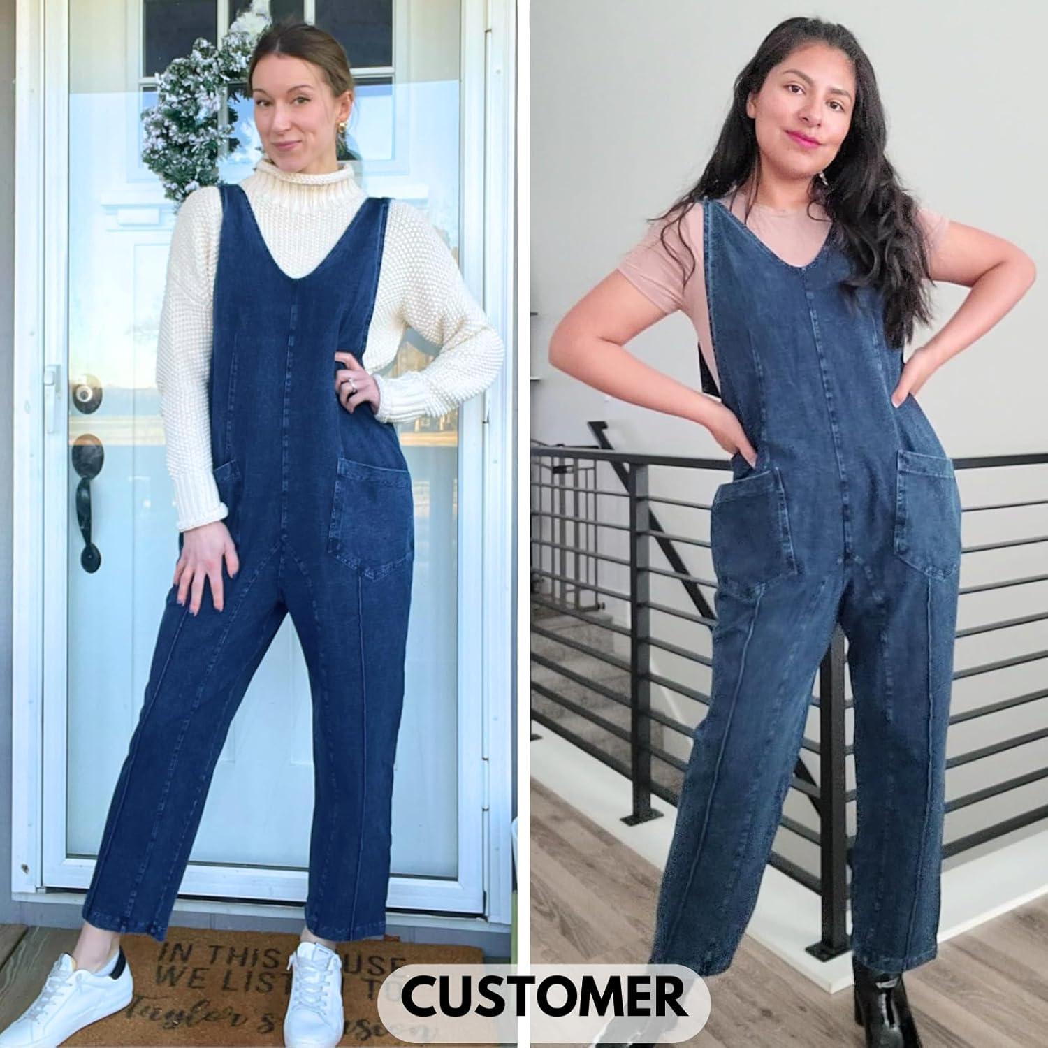 imageEXLURA Womens Summer High Roller Denim Bib Jumpsuits Casual Loose Overalls Baggy Jeans Romper with Pockets 2025 OutfitsDenim Blue