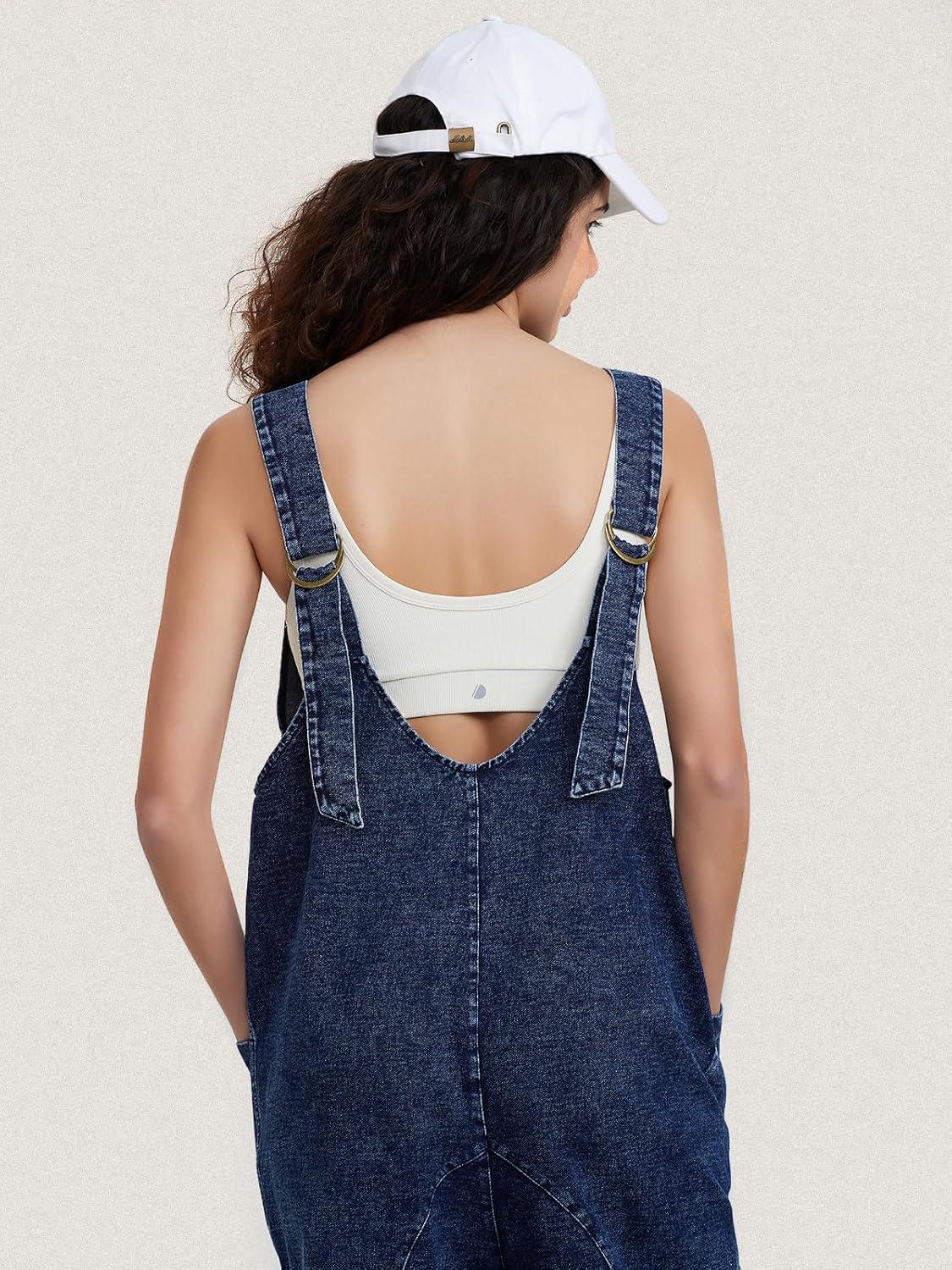 imageEXLURA Womens Summer High Roller Denim Bib Jumpsuits Casual Loose Overalls Baggy Jeans Romper with Pockets 2025 OutfitsDenim Blue