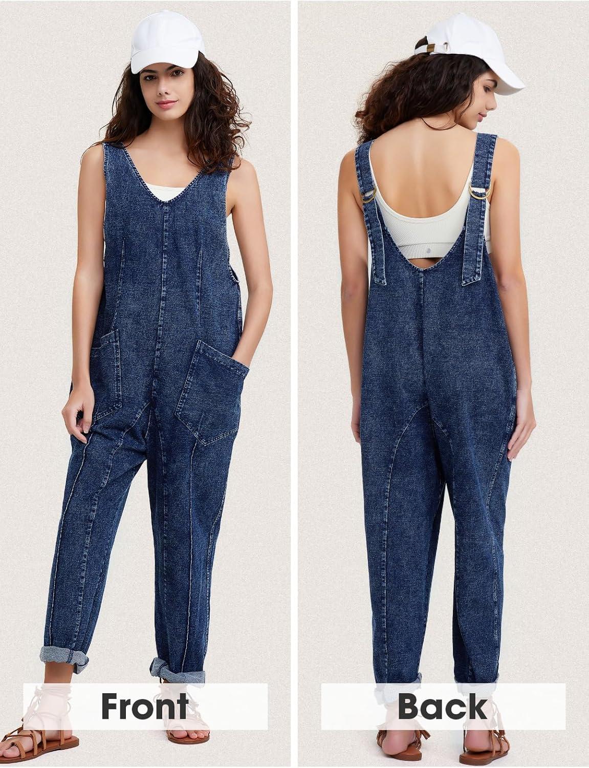 imageEXLURA Womens Summer High Roller Denim Bib Jumpsuits Casual Loose Overalls Baggy Jeans Romper with Pockets 2025 OutfitsDenim Blue
