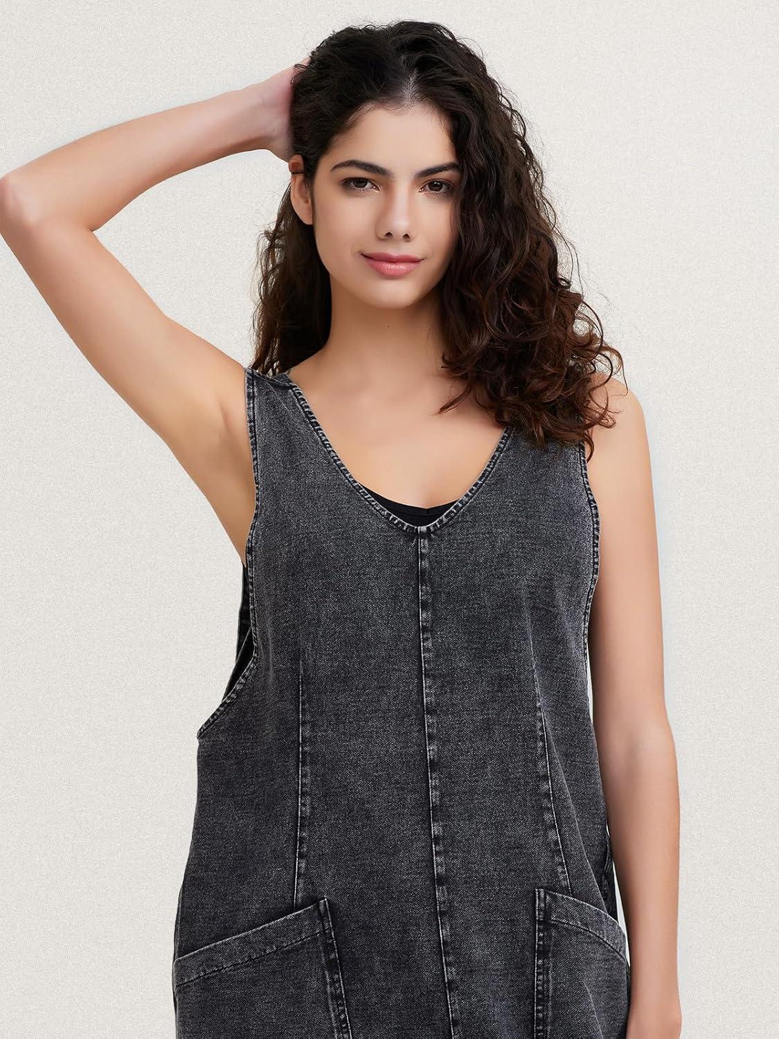 imageEXLURA Womens Summer High Roller Denim Bib Jumpsuits Casual Loose Overalls Baggy Jeans Romper with Pockets 2025 OutfitsDenim Grey