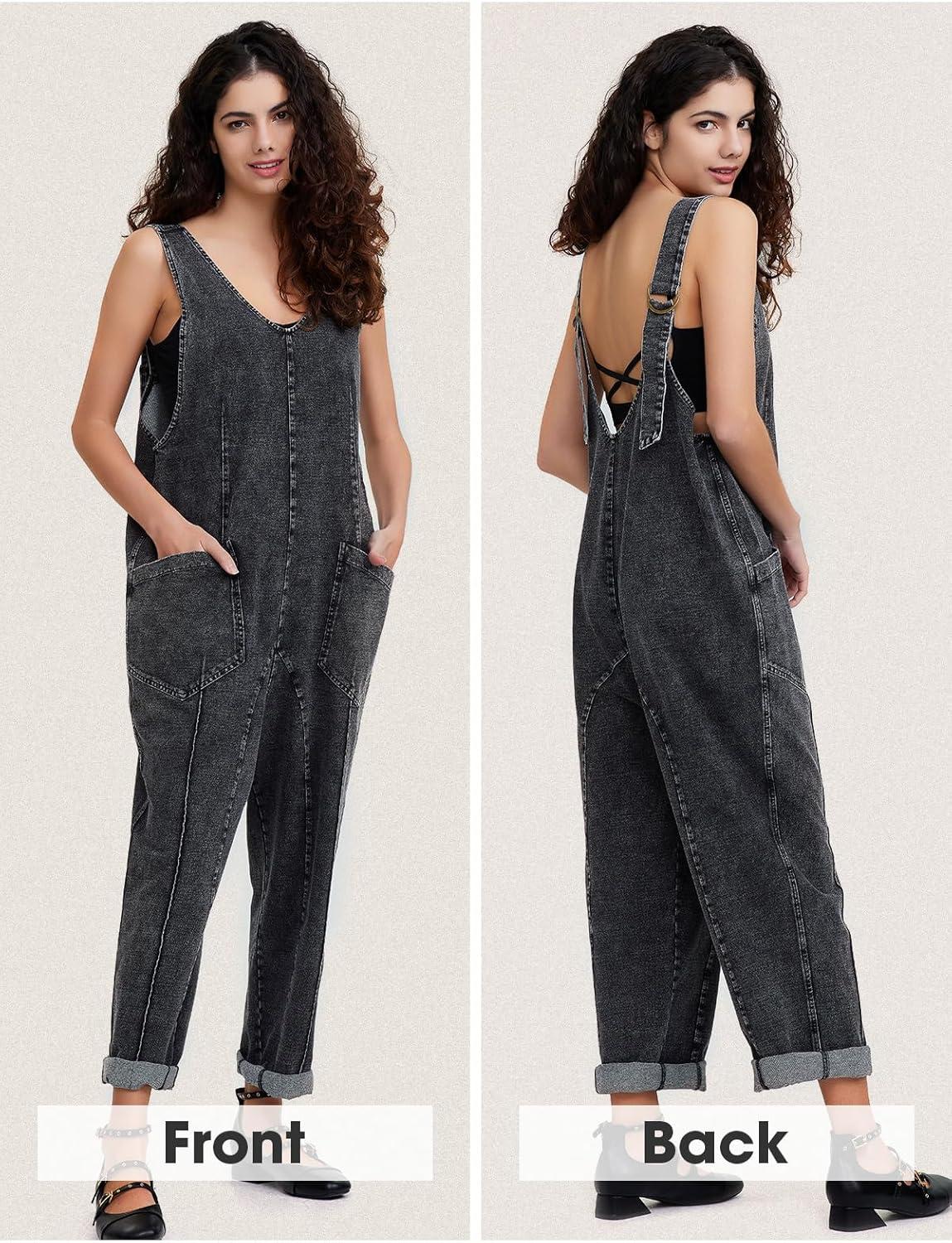 imageEXLURA Womens Summer High Roller Denim Bib Jumpsuits Casual Loose Overalls Baggy Jeans Romper with Pockets 2025 OutfitsDenim Grey