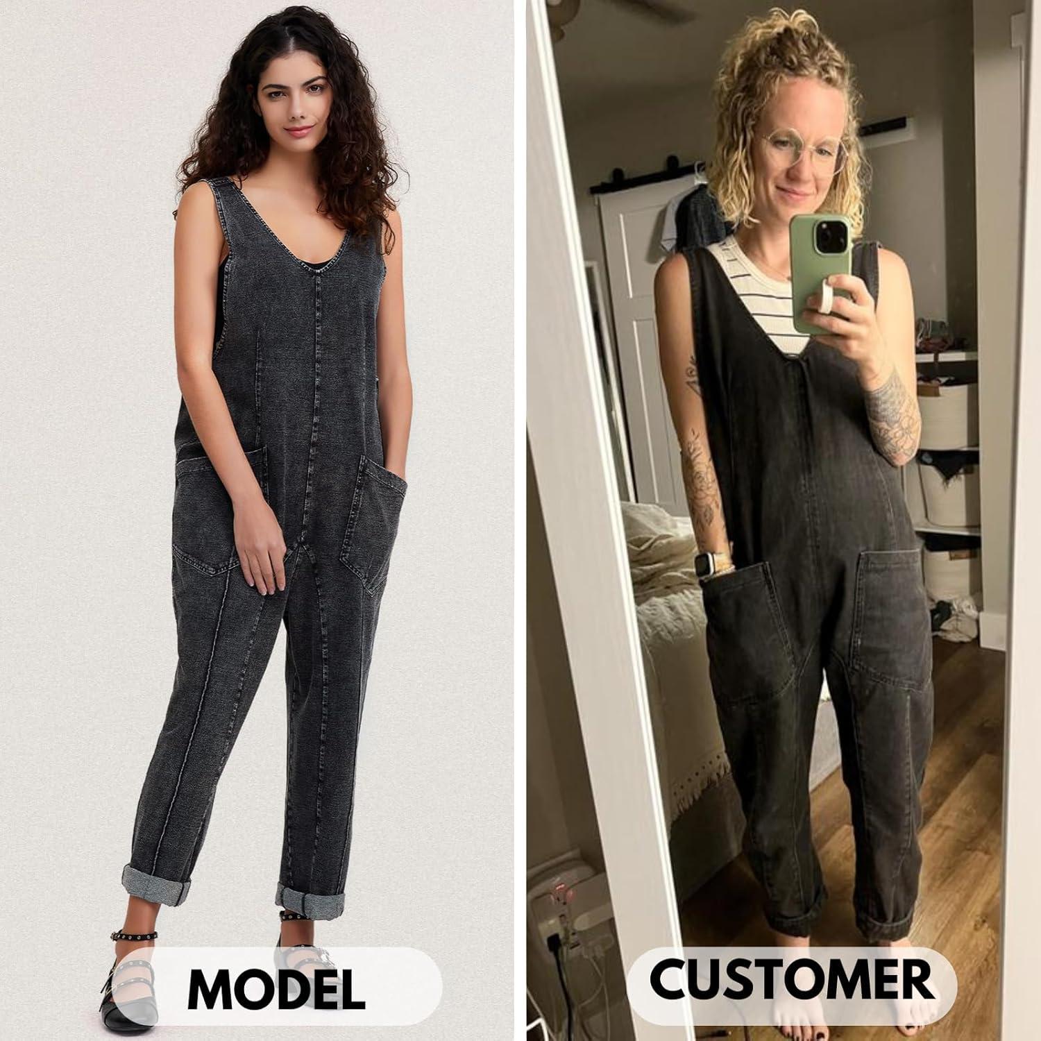 imageEXLURA Womens Summer High Roller Denim Bib Jumpsuits Casual Loose Overalls Baggy Jeans Romper with Pockets 2025 OutfitsDenim Grey