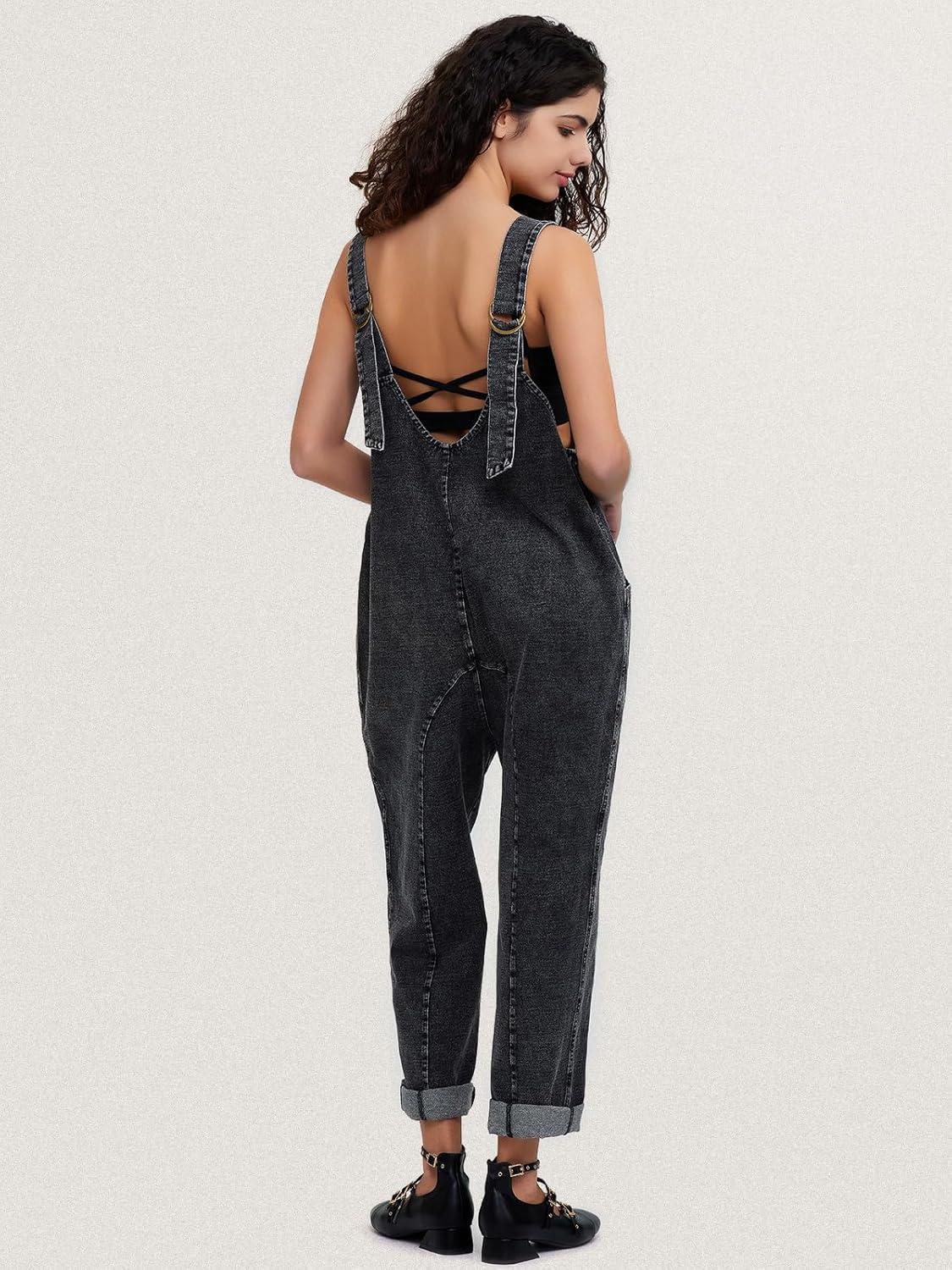 imageEXLURA Womens Summer High Roller Denim Bib Jumpsuits Casual Loose Overalls Baggy Jeans Romper with Pockets 2025 OutfitsDenim Grey