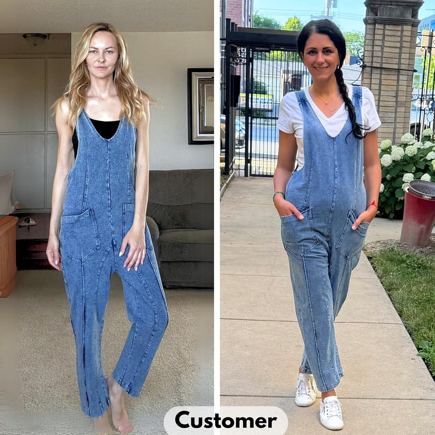 imageEXLURA Womens Summer High Roller Denim Bib Jumpsuits Casual Loose Overalls Baggy Jeans Romper with Pockets 2025 OutfitsDenim Light Blue
