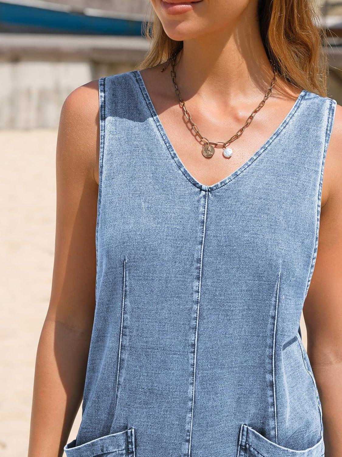 imageEXLURA Womens Summer High Roller Denim Bib Jumpsuits Casual Loose Overalls Baggy Jeans Romper with Pockets 2025 OutfitsDenim Light Blue