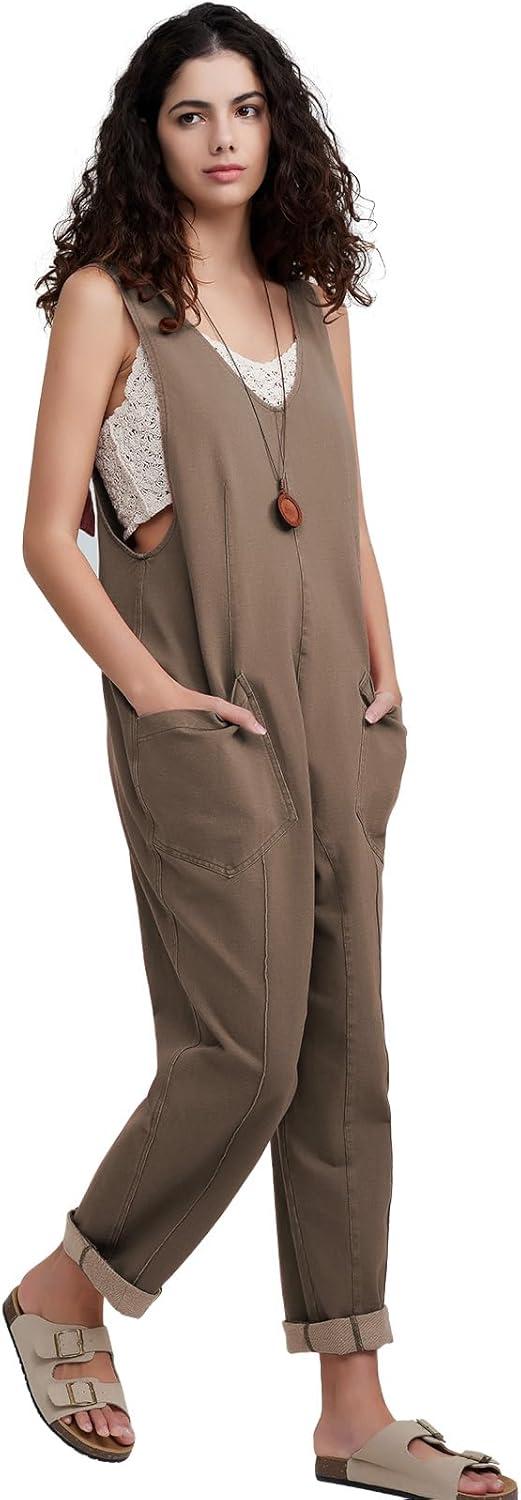 imageEXLURA Womens Summer High Roller Denim Bib Jumpsuits Casual Loose Overalls Baggy Jeans Romper with Pockets 2025 OutfitsKhaki