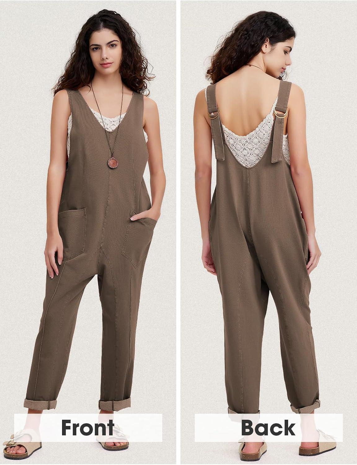 imageEXLURA Womens Summer High Roller Denim Bib Jumpsuits Casual Loose Overalls Baggy Jeans Romper with Pockets 2025 OutfitsKhaki