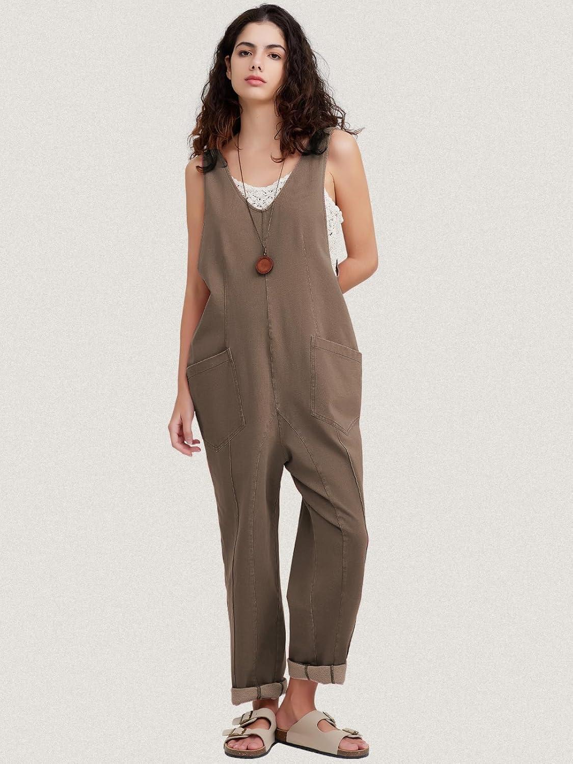 imageEXLURA Womens Summer High Roller Denim Bib Jumpsuits Casual Loose Overalls Baggy Jeans Romper with Pockets 2025 OutfitsKhaki